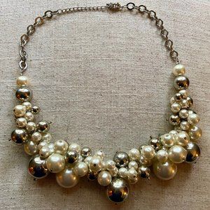 Silver Tone Faux Pearl Large Chunky Bauble Statement Necklace